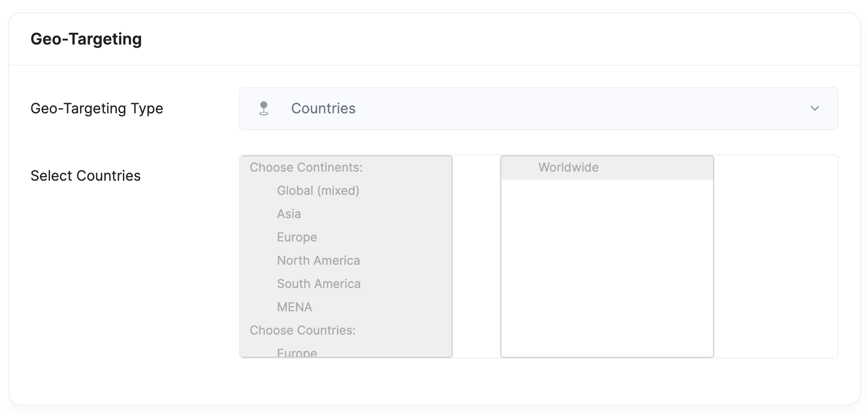 Screenshot from User Panel with Geo-Targeting feature set to Europe.