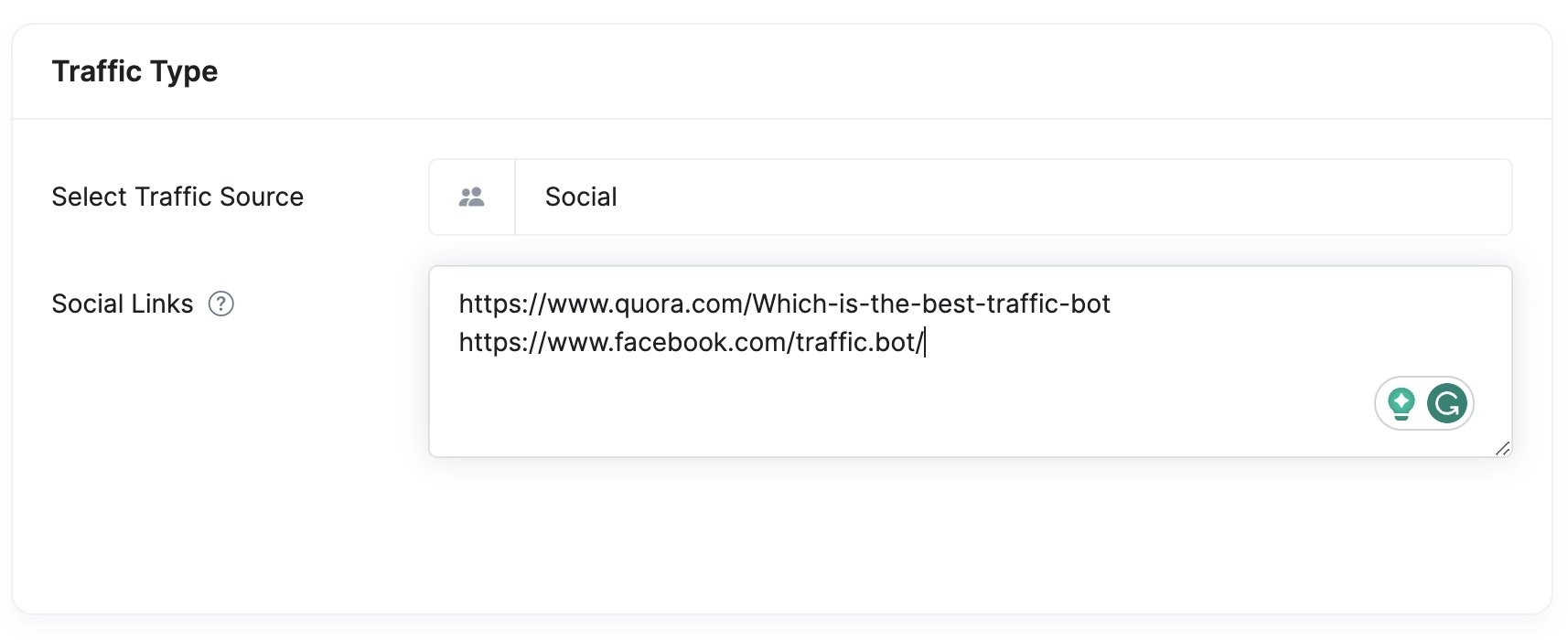 Screenshot from user panel with Traffic Type set to Social.