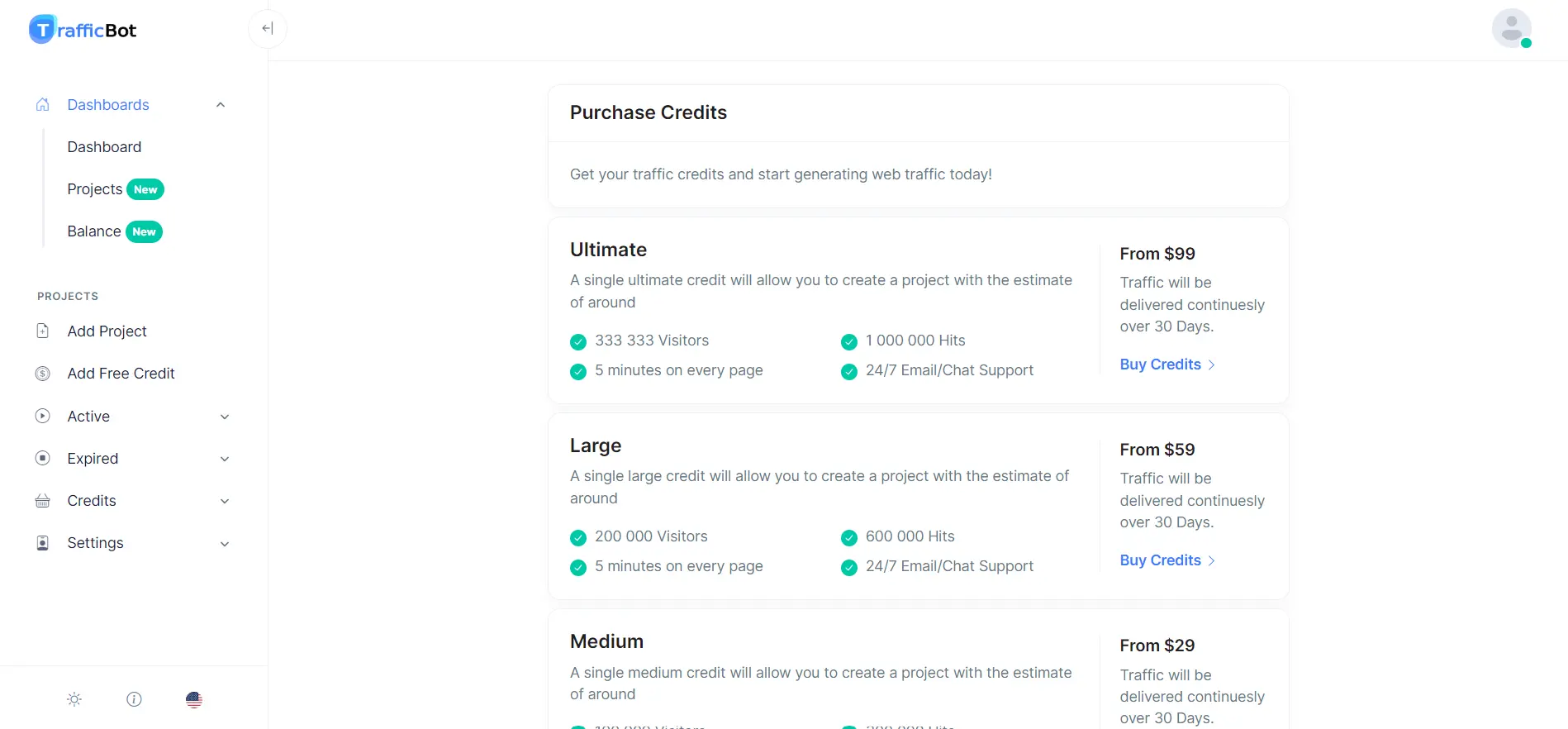 Screenshot of Purchase Credits page where you can see all available plans.