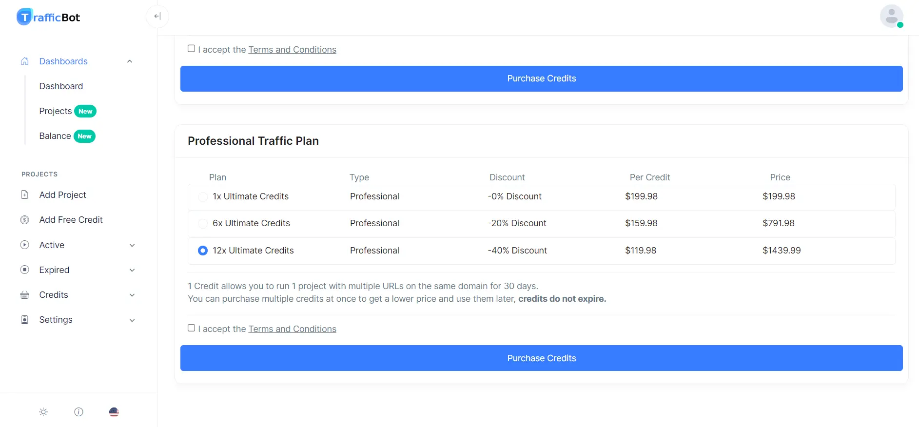 Screenshot showing Ultimate Professional plan and available options: 1 credit, 6 credits, 12 credits. Below there is also a button Purchase Credits.