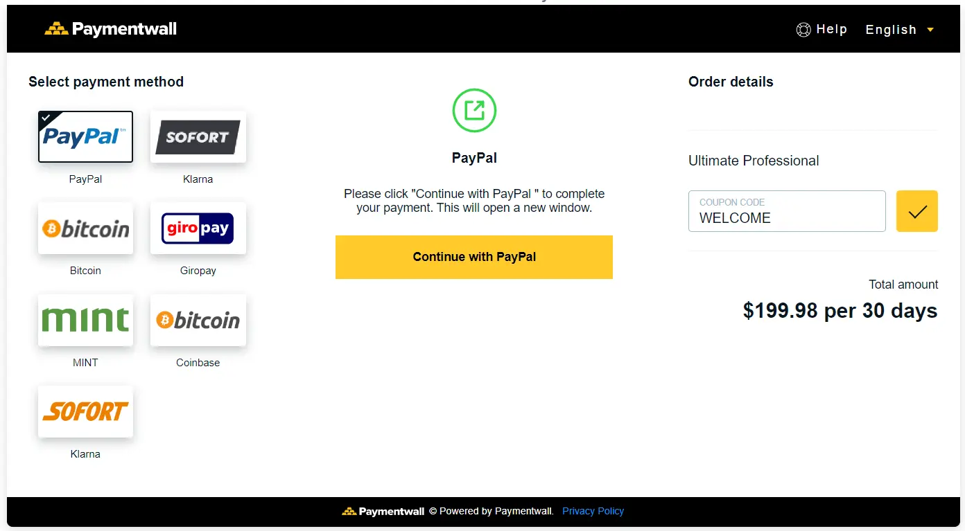 Screenshot of the payment gateway Paymentwall with code WELCOME for -20% applied.
