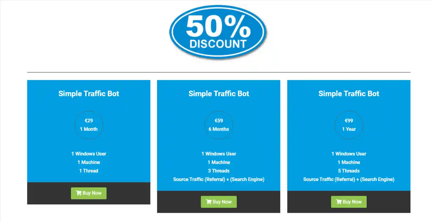 Simple Traffic Bot pricing table