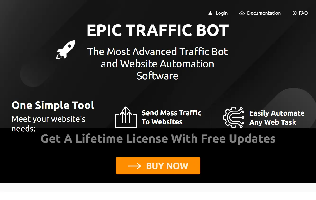 Epic Traffic Bot landing page screenshot.