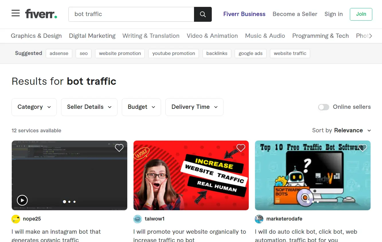 Fiverr result page with website traffic screenshot.