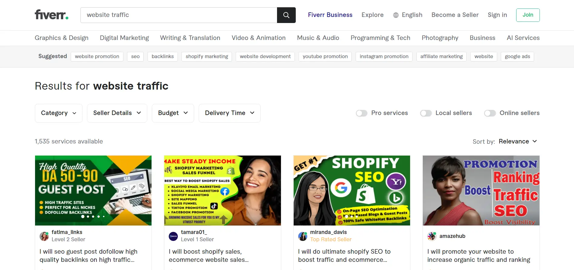 Fiverr result page with traffic bots screenshot.