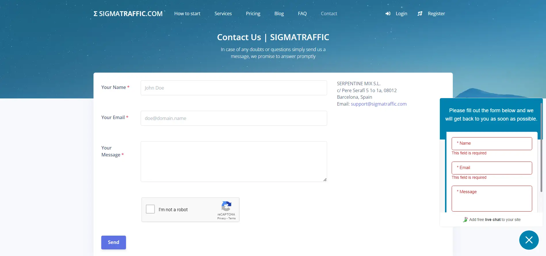Sigma Traffic contact page screenshot.