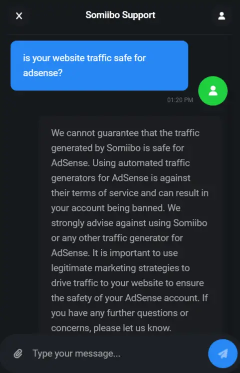 Somiibo support reply about adsense safety screenshot.