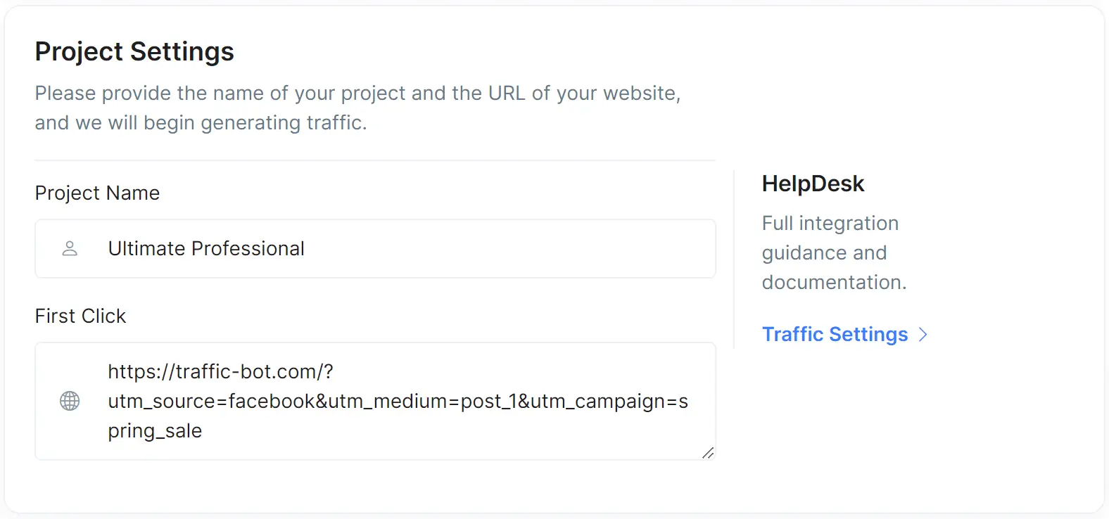 Screenshot of Traffic Bot project settings with a URL with UTM parameters