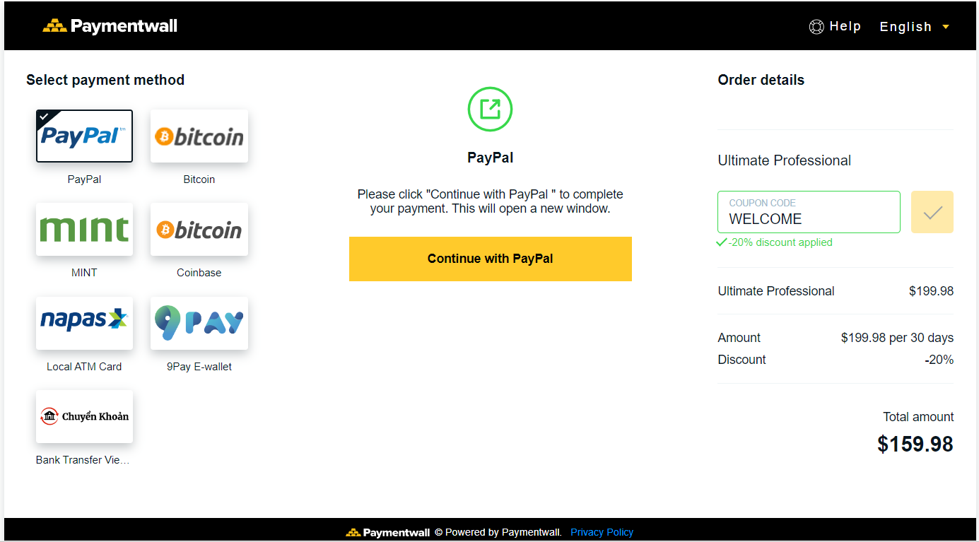 Screenshot showing the page of the payment gateway
