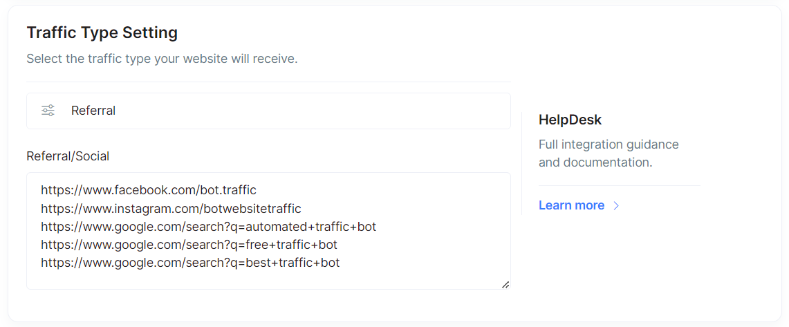A screenshot from user settings showing how to add multiple traffic sources to the project.