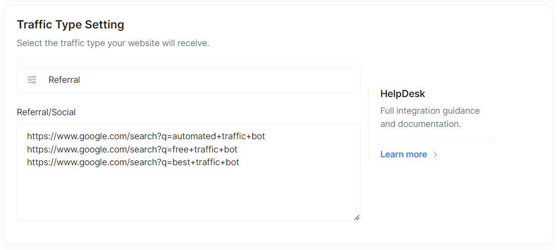 A screenshot from user settings showing how to add organic traffic to the project.