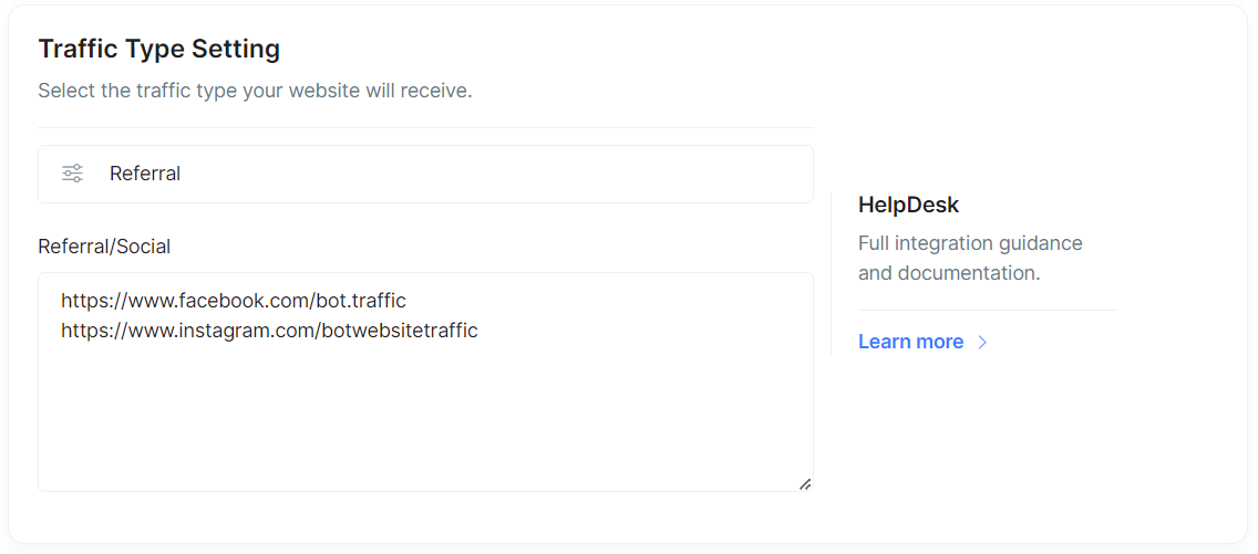A screenshot from user settings showing how to add social traffic to the project.