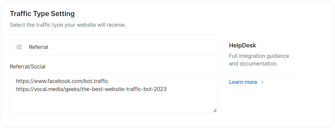A screenshot from user settings showing how to add referral traffic to the project.